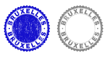 Grunge BRUXELLES stamp seals isolated on a white background. Rosette seals with grunge texture in blue and grey colors. Vector rubber imprint of BRUXELLES text inside round rosette.のイラスト素材
