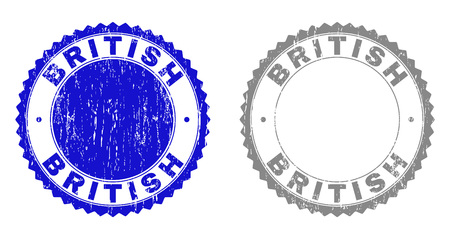 Grunge BRITISH stamp seals isolated on a white background. Rosette seals with grunge texture in blue and gray colors. Vector rubber watermark of BRITISH tag inside round rosette.のイラスト素材