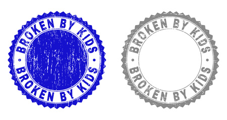 Grunge BROKEN BY KIDS stamp seals isolated on a white background. Rosette seals with grunge texture in blue and grey colors. Vector rubber overlay of BROKEN BY KIDS text inside round rosette.のイラスト素材