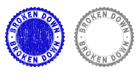 Grunge BROKEN DOWN stamp seals isolated on a white background. Rosette seals with distress texture in blue and gray colors. Vector rubber imitation of BROKEN DOWN title inside round rosette.のイラスト素材