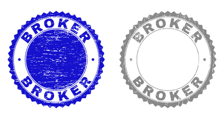 Grunge BROKER stamp seals isolated on a white background. Rosette seals with grunge texture in blue and grey colors. Vector rubber watermark of BROKER text inside round rosette.のイラスト素材