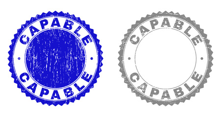 Grunge CAPABLE stamp seals isolated on a white background. Rosette seals with grunge texture in blue and grey colors. Vector rubber watermark of CAPABLE text inside round rosette.のイラスト素材