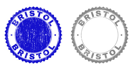 Grunge BRISTOL stamp seals isolated on a white background. Rosette seals with grunge texture in blue and grey colors. Vector rubber watermark of BRISTOL title inside round rosette.のイラスト素材