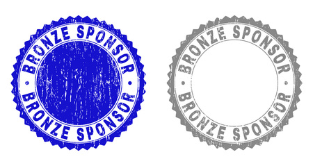 Grunge BRONZE SPONSOR stamp seals isolated on a white background. Rosette seals with distress texture in blue and grey colors. Vector rubber overlay of BRONZE SPONSOR caption inside round rosette.のイラスト素材