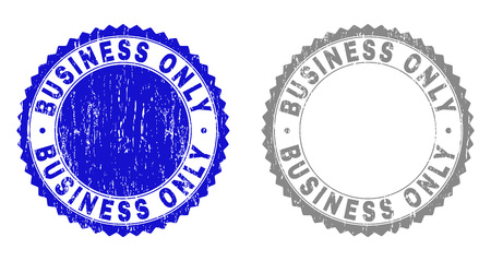 Grunge BUSINESS ONLY stamp seals isolated on a white background. Rosette seals with grunge texture in blue and gray colors. Vector rubber watermark of BUSINESS ONLY title inside round rosette.のイラスト素材