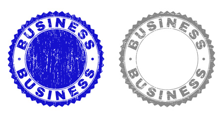 Grunge BUSINESS stamp seals isolated on a white background. Rosette seals with grunge texture in blue and grey colors. Vector rubber imitation of BUSINESS tag inside round rosette.のイラスト素材