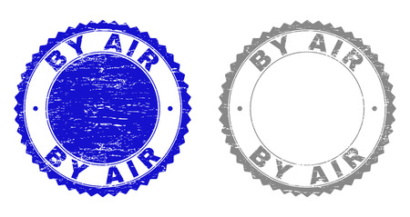 Grunge BY AIR stamp seals isolated on a white background. Rosette seals with grunge texture in blue and grey colors. Vector rubber imitation of BY AIR text inside round rosette.のイラスト素材