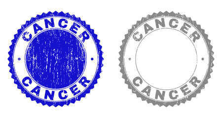 Grunge CANCER stamp seals isolated on a white background. Rosette seals with grunge texture in blue and gray colors. Vector rubber overlay of CANCER label inside round rosette.のイラスト素材