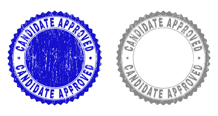 Grunge CANDIDATE APPROVED stamp seals isolated on a white background. Rosette seals with grunge texture in blue and gray colors. Vector rubber imprint of CANDIDATE APPROVED title inside round rosette.のイラスト素材