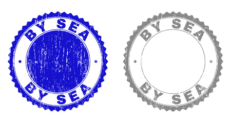 Grunge BY SEA stamp seals isolated on a white background. Rosette seals with grunge texture in blue and gray colors. Vector rubber imprint of BY SEA tag inside round rosette.のイラスト素材