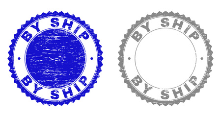 Grunge BY SHIP stamp seals isolated on a white background. Rosette seals with distress texture in blue and grey colors. Vector rubber watermark of BY SHIP caption inside round rosette.のイラスト素材