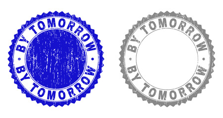 Grunge BY TOMORROW stamp seals isolated on a white background. Rosette seals with grunge texture in blue and gray colors. Vector rubber overlay of BY TOMORROW tag inside round rosette.のイラスト素材