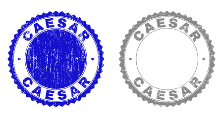 Grunge CAESAR stamp seals isolated on a white background. Rosette seals with grunge texture in blue and gray colors. Vector rubber watermark of CAESAR tag inside round rosette.のイラスト素材