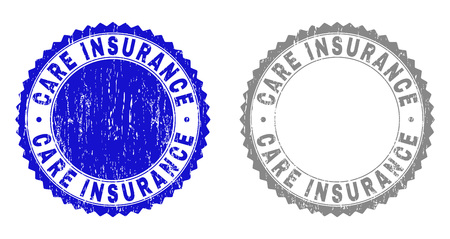 Grunge CARE INSURANCE stamp seals isolated on a white background. Rosette seals with grunge texture in blue and gray colors. Vector rubber imprint of CARE INSURANCE tag inside round rosette.のイラスト素材