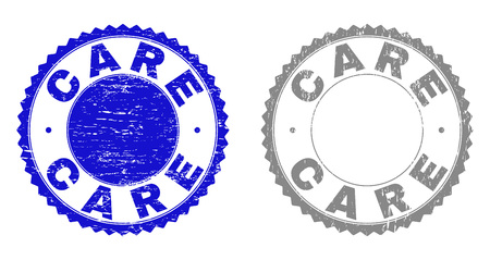 Grunge CARE stamp seals isolated on a white background. Rosette seals with grunge texture in blue and grey colors. Vector rubber watermark of CARE tag inside round rosette.のイラスト素材