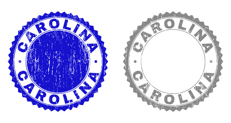 Grunge CAROLINA stamp seals isolated on a white background. Rosette seals with grunge texture in blue and gray colors. Vector rubber overlay of CAROLINA text inside round rosette.のイラスト素材
