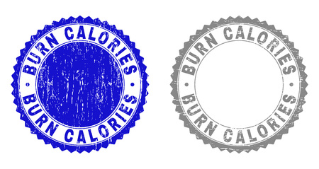 Grunge BURN CALORIES stamp seals isolated on a white background. Rosette seals with distress texture in blue and grey colors. Vector rubber imprint of BURN CALORIES text inside round rosette.のイラスト素材