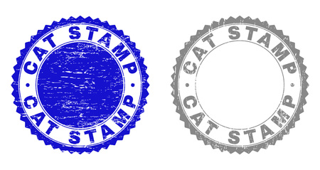 Grunge CAT STAMP seals isolated on a white background. Rosette seals with grunge texture in blue and gray colors. Vector rubber imitation of CAT STAMP caption inside round rosette.のイラスト素材