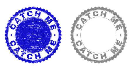 Grunge CATCH ME stamp seals isolated on a white background. Rosette seals with distress texture in blue and grey colors. Vector rubber imprint of CATCH ME text inside round rosette.のイラスト素材