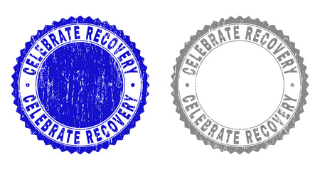 Grunge CELEBRATE RECOVERY stamp seals isolated on a white background. Rosette seals with grunge texture in blue and grey colors. Vector rubber watermark of CELEBRATE RECOVERY tag inside round rosette.のイラスト素材