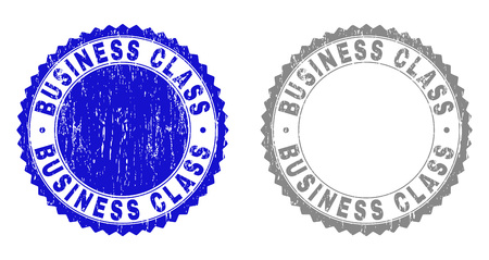 Grunge BUSINESS CLASS stamp seals isolated on a white background. Rosette seals with grunge texture in blue and grey colors. Vector rubber watermark of BUSINESS CLASS label inside round rosette.のイラスト素材