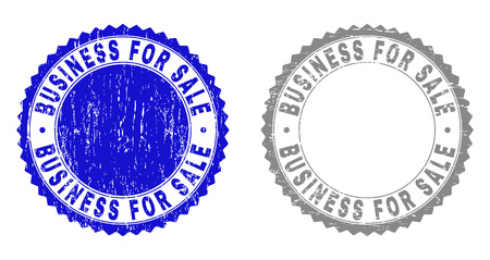 Grunge BUSINESS FOR SALE stamp seals isolated on a white background. Rosette seals with grunge texture in blue and grey colors. Vector rubber imprint of BUSINESS FOR SALE caption inside round rosette.のイラスト素材