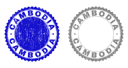 Grunge CAMBODIA stamp seals isolated on a white background. Rosette seals with grunge texture in blue and grey colors. Vector rubber watermark of CAMBODIA caption inside round rosette.のイラスト素材