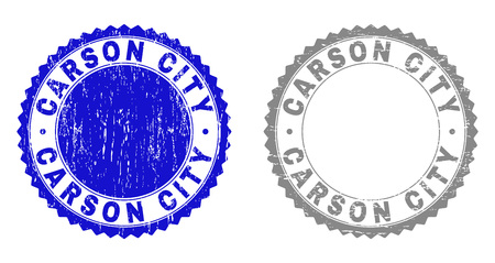 Grunge CARSON CITY stamp seals isolated on a white background. Rosette seals with distress texture in blue and grey colors. Vector rubber imprint of CARSON CITY tag inside round rosette.のイラスト素材