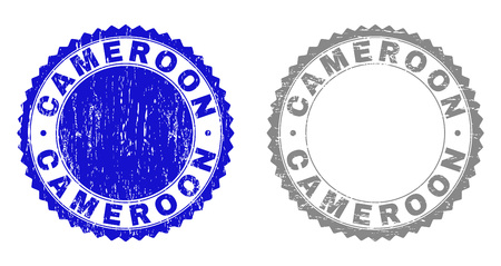 Grunge CAMEROON stamp seals isolated on a white background. Rosette seals with grunge texture in blue and gray colors. Vector rubber imprint of CAMEROON text inside round rosette.のイラスト素材