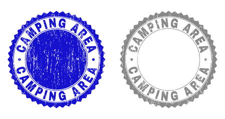 Grunge CAMPING AREA stamp seals isolated on a white background. Rosette seals with grunge texture in blue and grey colors. Vector rubber overlay of CAMPING AREA title inside round rosette.のイラスト素材