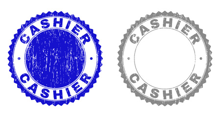 Grunge CASHIER stamp seals isolated on a white background. Rosette seals with grunge texture in blue and gray colors. Vector rubber overlay of CASHIER title inside round rosette.のイラスト素材