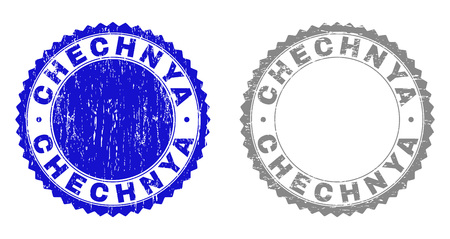 Grunge CHECHNYA stamp seals isolated on a white background. Rosette seals with grunge texture in blue and gray colors. Vector rubber watermark of CHECHNYA caption inside round rosette.のイラスト素材