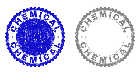 Grunge CHEMICAL stamp seals isolated on a white background. Rosette seals with distress texture in blue and grey colors. Vector rubber imprint of CHEMICAL title inside round rosette.のイラスト素材