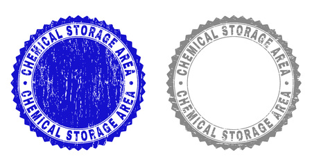 Grunge CHEMICAL STORAGE AREA stamp seals isolated on a white background. Rosette seals with distress texture in blue and gray colors.のイラスト素材