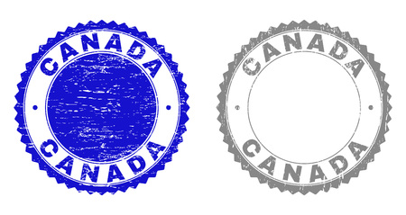 Grunge CANADA stamp seals isolated on a white background. Rosette seals with grunge texture in blue and grey colors. Vector rubber imitation of CANADA text inside round rosette.のイラスト素材