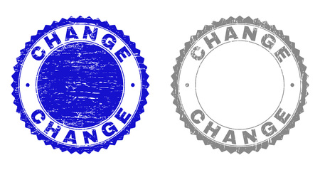 Grunge CHANGE stamp seals isolated on a white background. Rosette seals with grunge texture in blue and grey colors. Vector rubber imprint of CHANGE label inside round rosette.のイラスト素材