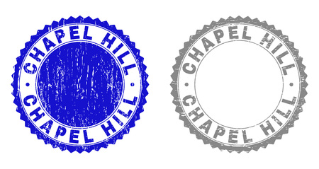 Grunge CHAPEL HILL stamp seals isolated on a white background. Rosette seals with grunge texture in blue and gray colors. Vector rubber overlay of CHAPEL HILL tag inside round rosette.のイラスト素材