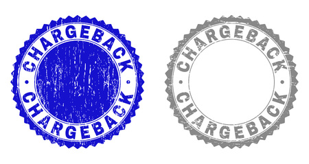 Grunge CHARGEBACK stamp seals isolated on a white background. Rosette seals with grunge texture in blue and grey colors. Vector rubber watermark of CHARGEBACK title inside round rosette.のイラスト素材