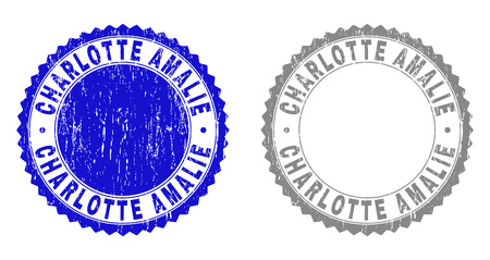 Grunge CHARLOTTE AMALIE stamp seals isolated on a white background. Rosette seals with grunge texture in blue and gray colors. Vector rubber watermark of CHARLOTTE AMALIE title inside round rosette.のイラスト素材