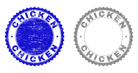 Grunge CHICKEN stamp seals isolated on a white background. Rosette seals with grunge texture in blue and grey colors. Vector rubber imprint of CHICKEN title inside round rosette.のイラスト素材