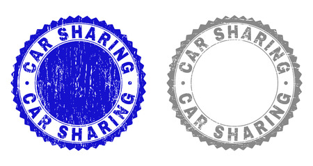 Grunge CAR SHARING stamp seals isolated on a white background. Rosette seals with grunge texture in blue and grey colors. Vector rubber watermark of CAR SHARING title inside round rosette.のイラスト素材