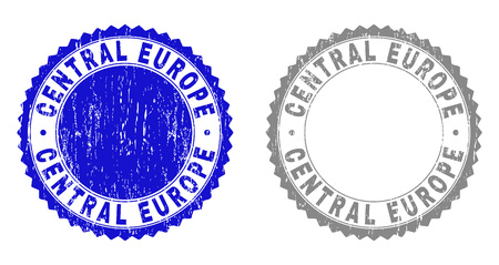 Grunge CENTRAL EUROPE stamp seals isolated on a white background. Rosette seals with grunge texture in blue and grey colors. Vector rubber watermark of CENTRAL EUROPE caption inside round rosette.のイラスト素材