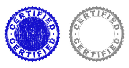 Grunge CERTIFIED stamp seals isolated on a white background. Rosette seals with distress texture in blue and grey colors. Vector rubber imprint of CERTIFIED caption inside round rosette.のイラスト素材