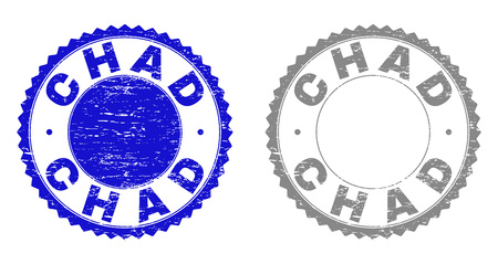 Grunge CHAD stamp seals isolated on a white background. Rosette seals with grunge texture in blue and gray colors. Vector rubber overlay of CHAD text inside round rosette.のイラスト素材