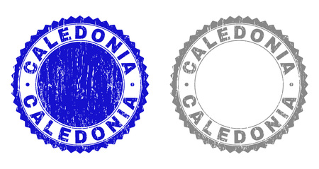 Grunge CALEDONIA stamp seals isolated on a white background. Rosette seals with distress texture in blue and gray colors. Vector rubber overlay of CALEDONIA caption inside round rosette.のイラスト素材