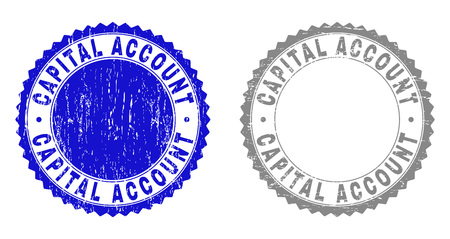 Grunge CAPITAL ACCOUNT stamp seals isolated on a white background. Rosette seals with grunge texture in blue and grey colors. Vector rubber imprint of CAPITAL ACCOUNT caption inside round rosette.のイラスト素材