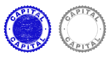 Grunge CAPITAL stamp seals isolated on a white background. Rosette seals with distress texture in blue and gray colors. Vector rubber imprint of CAPITAL tag inside round rosette.のイラスト素材