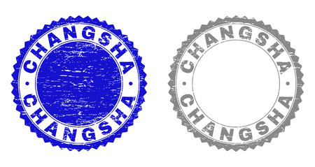 Grunge CHANGSHA stamp seals isolated on a white background. Rosette seals with grunge texture in blue and gray colors. Vector rubber imitation of CHANGSHA caption inside round rosette.のイラスト素材
