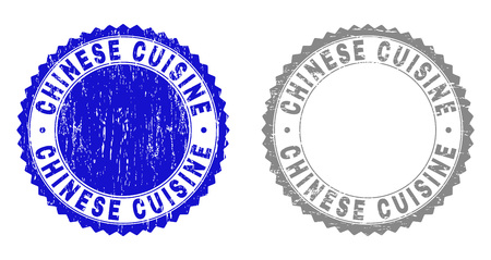 Grunge CHINESE CUISINE stamp seals isolated on a white background. Rosette seals with grunge texture in blue and grey colors. Vector rubber imitation of CHINESE CUISINE text inside round rosette.のイラスト素材