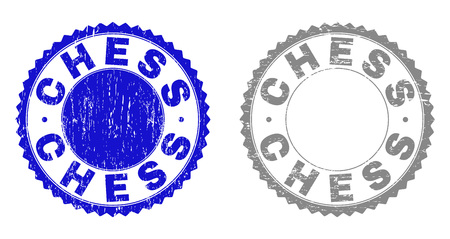 Grunge CHESS stamp seals isolated on a white background. Rosette seals with grunge texture in blue and grey colors. Vector rubber imprint of CHESS label inside round rosette.のイラスト素材
